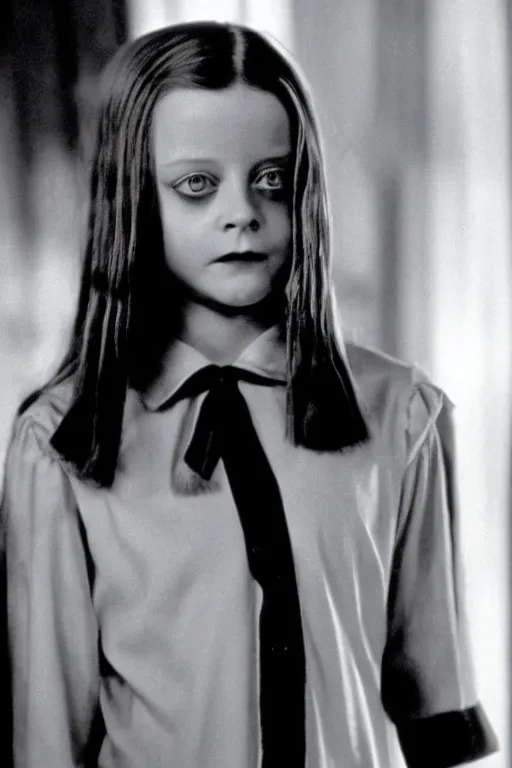 Image similar to Young Jodie Foster as Wednesday in The Addams Family 1991