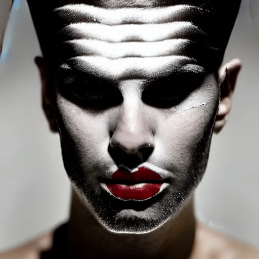 Image similar to a close up portrait of a beautiful athletic young persian male with his face covered in silver leaf , photographed by erwin olaf, artistic