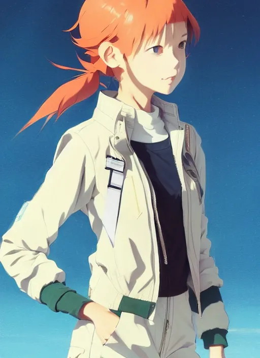 Prompt: a handsome young girls! model, wearing ma - 1 flight suit jacket and overalls, trending on pixiv fanbox, painted by greg rutkowski makoto shinkai takashi takeuchi studio ghibli, akihiko yoshida