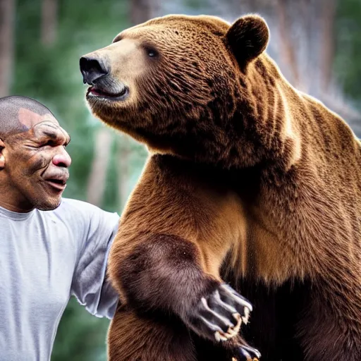 Image similar to “Mike Tyson fighting a bear, 4k photograph, award winning”