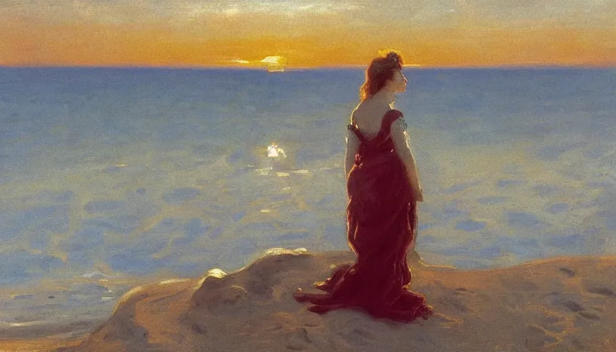 Prompt: wide scene of an angelic, glowing woman singing on the beach, overlooking the sea during sunset, by john singer sargent