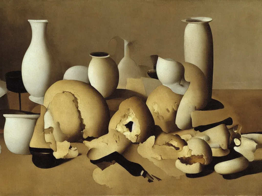 Image similar to Still life with moldy bread, fungus, white vase, ceramic pot. Painting by Zurbaran, Yves Tanguy, Morandi