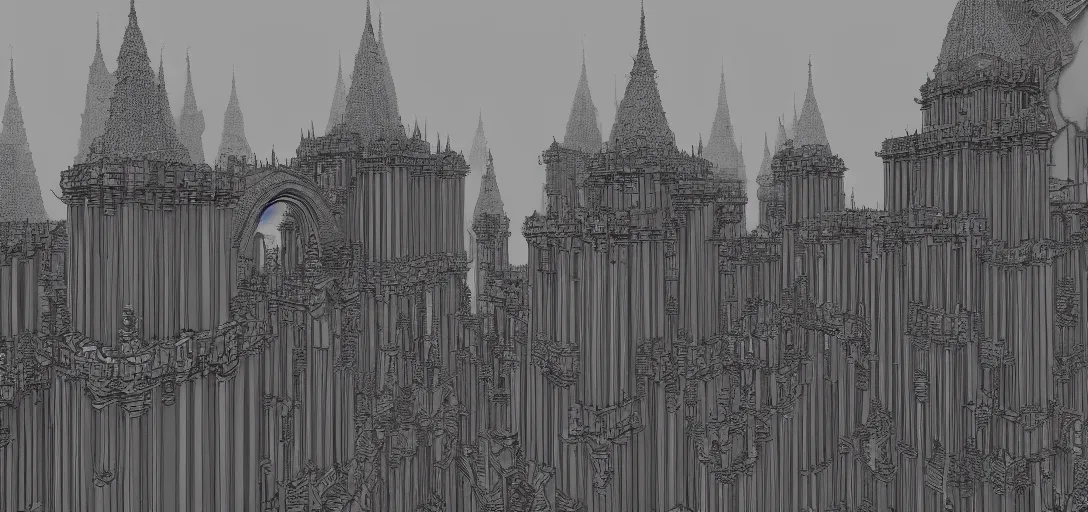 Image similar to A palace with a thousand long, thin spires. Morning. 4K. Many intrincate details.