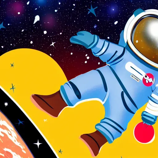 Image similar to cute astronaut penguin, helmet on, floating on space, disney style