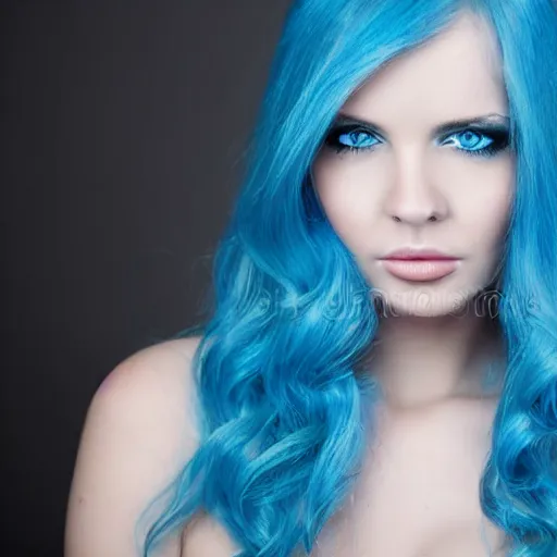 Prompt: portrait of a beautiful girl, blue hair, blue eyes, perfect face, studio portrait