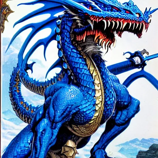 Image similar to half length portrait of a medieval d & d fantasy anthropomorphic blue dragon, d & d rulebook cover art by jeff easley