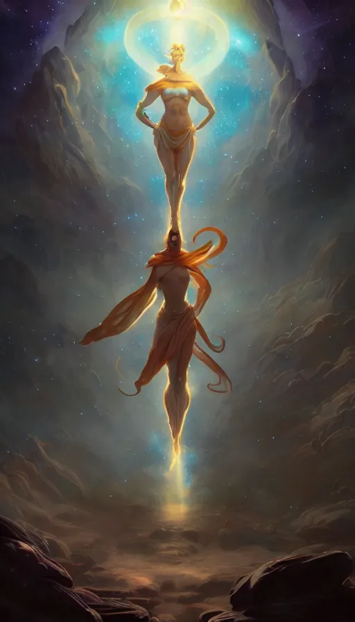 Image similar to greek god, epic scene, colors, holy, full body, galaxy, and, stars, atmosphere, unreal engine, pixar, video game, ethereal, insanely detailed, symmetrical, concept art, peter mohrbacher, charlie bowater, artstation, cinematic, video game, digital painting, artist maena, 4 k