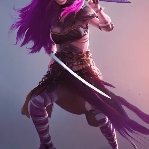 Prompt: beautiful female warrior with long purple hair and katana in epic fighting pose, highly detailed, trending on artstation, stylized, by WLOP