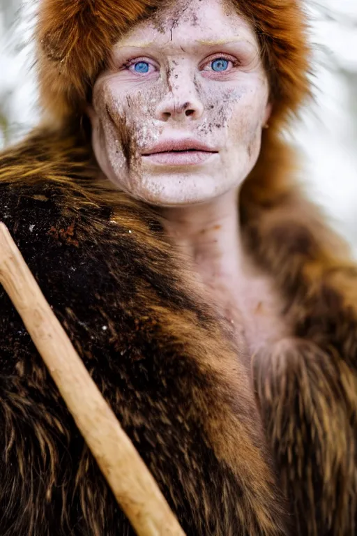 Prompt: a professional portrait photo of a gentle strong neanderthal woman in the forest in winter holding a spear, freckles and mud on face, black stripe painted side to side across her eyes, ginger hair and fur, extremely high fidelity, natural lighting,