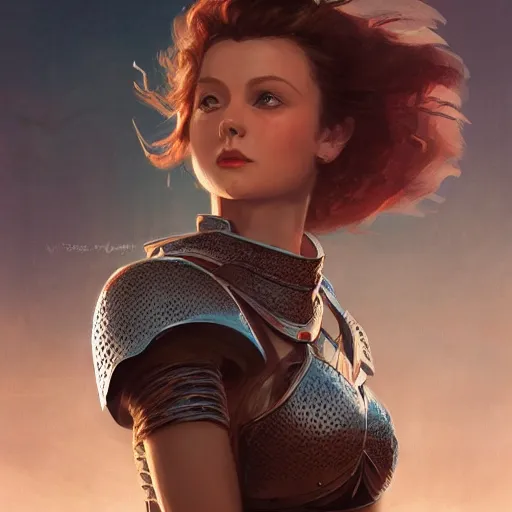 Image similar to closeup portrait of a young vivian leigh as female knight, city background, megacity, high fantasy, dramatic light, gorgeous view, depth, high detail, digital art, painted by greg rutkowski, trending on artstation