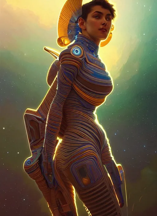 Image similar to hyper detailed ultra sharp painting of a interstellar sentinel human. trending on artstation, warpaint aesthetic, earthwave, colorful, galactic, ornate, intricate, digital painting, concept art, smooth, sharp focus, illustration, art by artgerm and greg rutkowski and alphonse mucha, 8 k