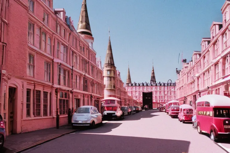 Image similar to London Street in the style of The Grand Budapest Hotel, a sunny day, 35mm, Kodak Vision3