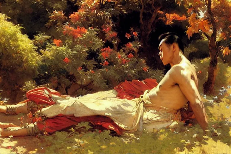 Image similar to wuxia, autumn, attractive male rest in the garden, painting by gaston bussiere, craig mullins, j. c. leyendecker