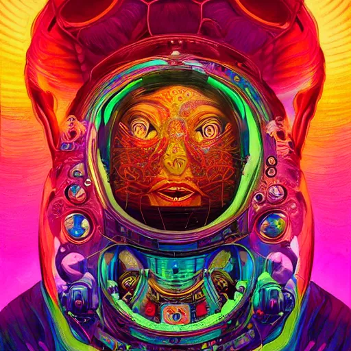 Image similar to An extremely psychedelic experience, colorful, surreal, dramatic lighting, cosmonaut, LSD, face, detailed, intricate, elegant, highly detailed, digital painting, artstation, concept art, smooth, sharp focus, illustration, art by Sam Spratt, Dan Mumford, Artem Demura and Alphonse Mucha