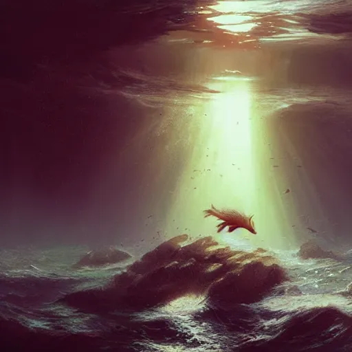 Image similar to falling into the deep, god rays underwater, drowning, artstation, 4k, by greg rutkowski,