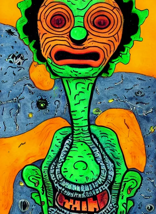 Image similar to a crazy alien art horror portrait, which has weird stretched out eyes and a misshapen mouth, green skin and orange background, art brut by a psycho man, full color crazy outsider outsider art