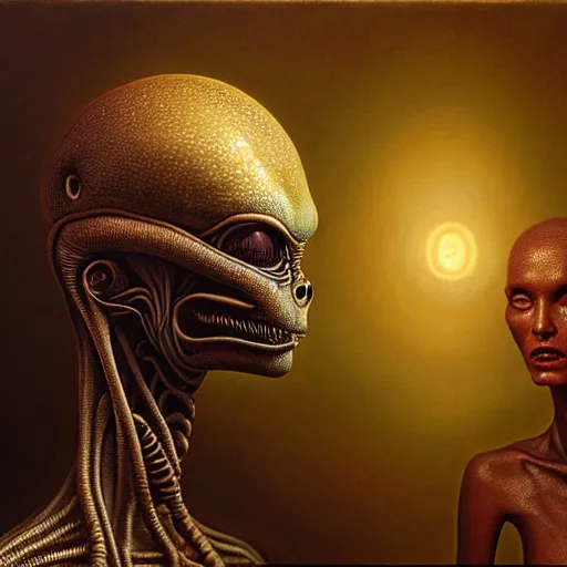 Image similar to alien man with alien woman portraiture, painted by beksinski, 4 k, intricate details, unreal engine, dynamic lighting