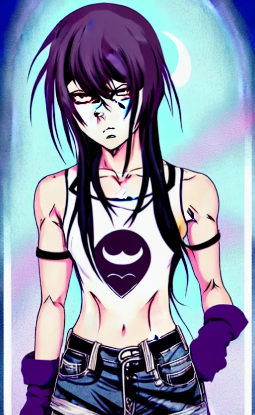 Image similar to style of madhouse studio anime, black lagoon manga, loish, artgerm, comic art, portrait of revy from black lagoon, symmetrical eyes and symmetrical face, jean shorts, white tank top, purple hair, sarcastic evil smirk on face, sky and ocean background