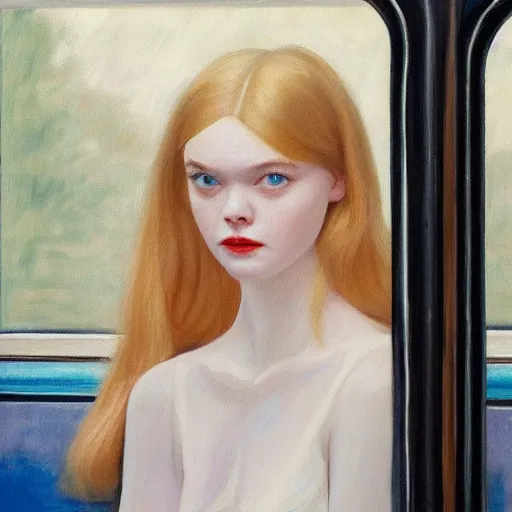 Image similar to Painting of Elle Fanning in a train, long blonde hair, delicate, pale milky white porcelain skin, by Edward Hopper. 8K. Extremely detailed.