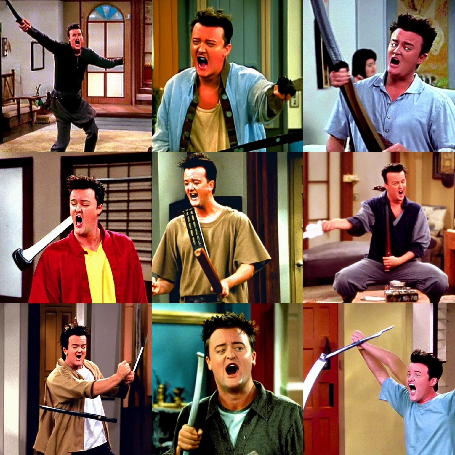 Prompt: chandler bing in his apartment holding a samurai sword and screaming,'friends'9 0 s tv show screenshot