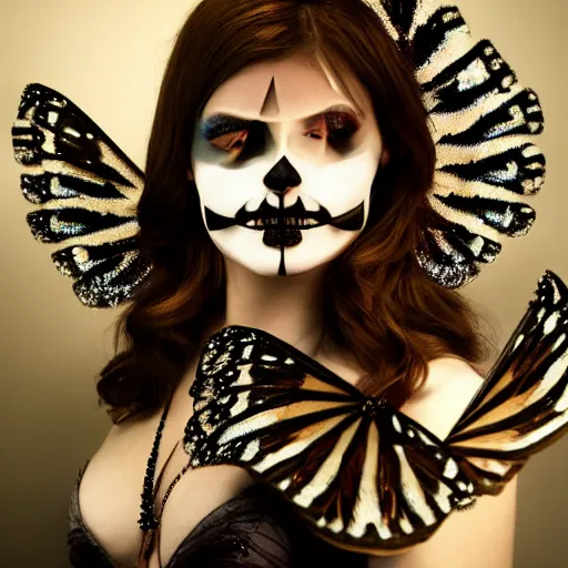 Prompt: a professional photoshoot, skull face pale beauty with crystal firefly wings, a devianart photograph