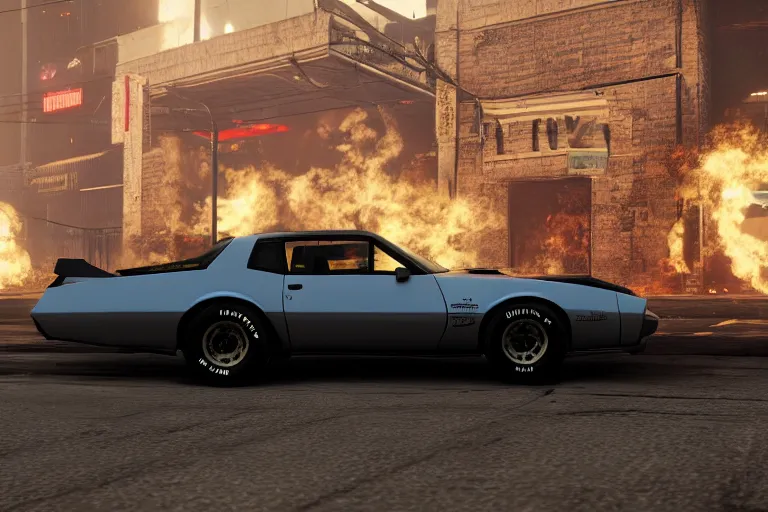 Image similar to photograph of a cyberpunk 1 9 2 2 pontiac firebird trans am, by red dead redemption 2, by grand theft auto v