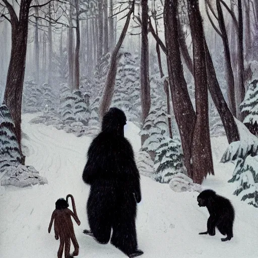 Prompt: wandering through a snowy forest with a pet monkey, in the style of theodor kittelsen