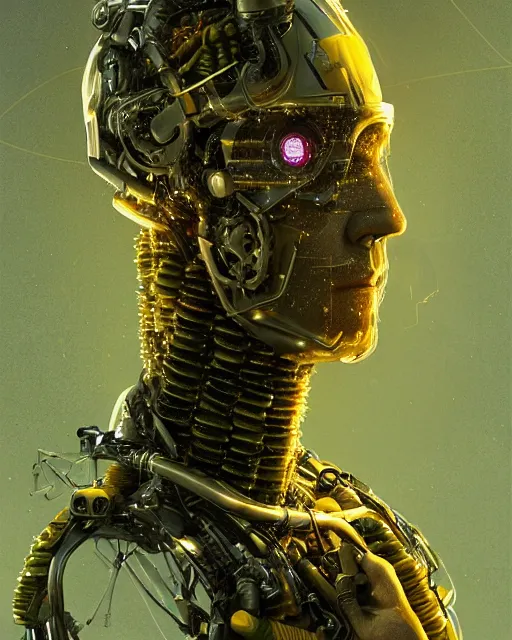 Image similar to man half covered face with cybernetic enhancements made of corn as seen from a distance, scifi character portrait by greg rutkowski, esuthio, craig mullins, 1 / 4 headshot, cinematic lighting, dystopian scifi gear, gloomy, profile picture, mechanical, half robot, implants, solarpunk