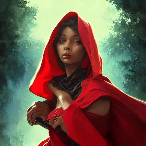 Image similar to Beautiful face Portrait of Little Red Riding Hood with a golden black panther, magic lighting, intricate, wild, highly detailed, digital painting, artstation, concept art, smooth, sharp focus, illustration, art by artgerm and greg rutkowski and alphonse mucha, footage from space camera