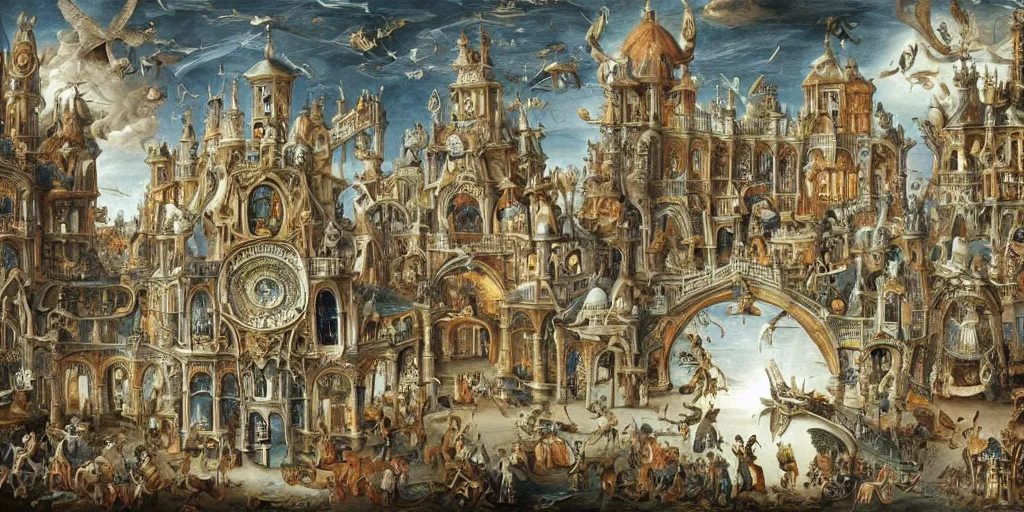 Image similar to beautiful!!! ornate heavenly!!! silver rococo megastructure in the style of heironymus bosch, prismatic intricate masterpiece, hyper detailed!, hd