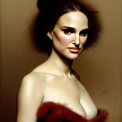 Prompt: portrait en buste young Natalie Portman in poofy dress by Roberto Ferri, realist