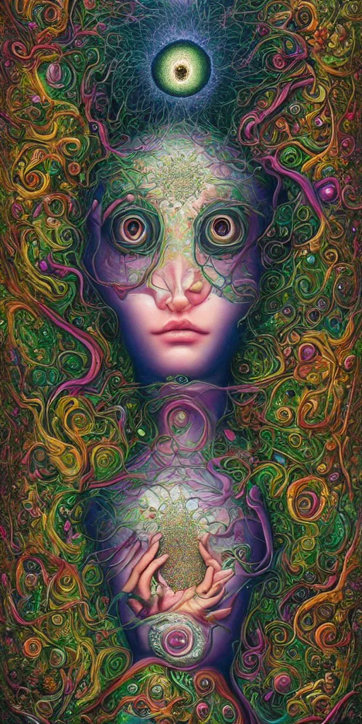 Prompt: a beautiful surrealist painting of deep dimensional realms of universal consciousness a beautiful face emerges with their third eye wide open by hanna yata, geenss archenti flores, digital art
