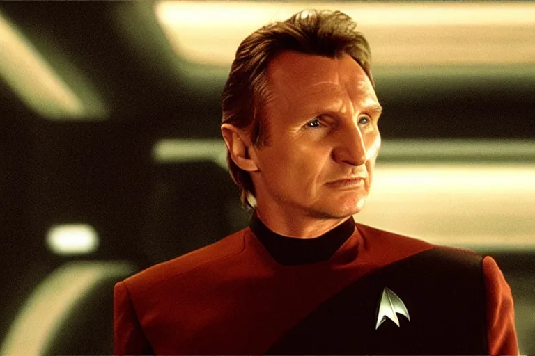 Prompt: A film still of Liam Neeson in a Star Trek: The Next Generation, sitting in Ten Forward, dramatic lighting