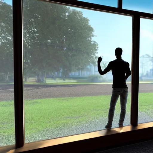 Image similar to 3 d rendered image of a man opening window, fresh air blender 3 d keyshot unreal engine