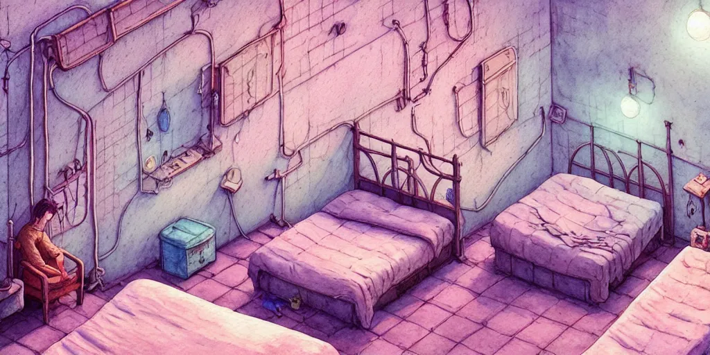 Image similar to room in the sewers, the room is delicate and neat, bed is made, sword rack above the bed, detailed, artstation, 8 k, sci - fi, pastel colors, props, panel, concept, simon stalenhag, in watercolor gouache detailed paintings, moebius, blueprint, building, living room, detailed, posters, sofa