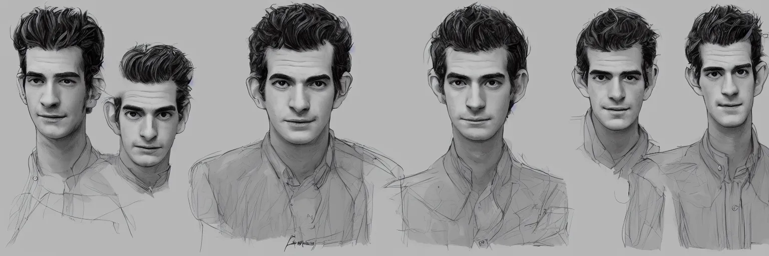 Prompt: character study of julian lage and andrew garfield, clear faces, innocent, naive, character sheet, fine details, concept design, contrast, kim jung gi, pixar and da vinci, trending on artstation, 8 k, full body and head, turnaround, front view, back view, ultra wide angle