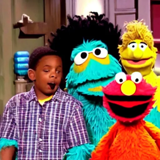 Prompt: A still of CJ and Big Smoke on Sesame Street