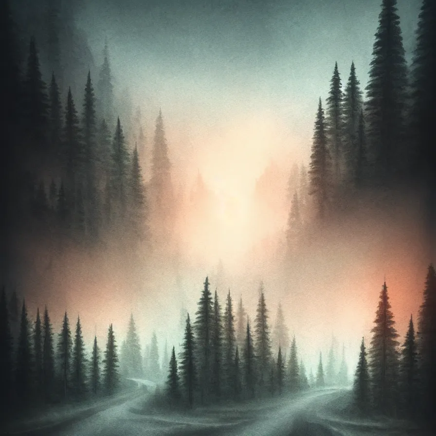 Image similar to symbolist atmospheric ink artwork of a road leading down the horizon through giant pine forests down a rocky mountain coast towards a majestic sunset. good vibes, cloudy and foggy landscape, soft tones, psychedelic, ultra realistic, concept art, modern art, photorealistic, octane render.