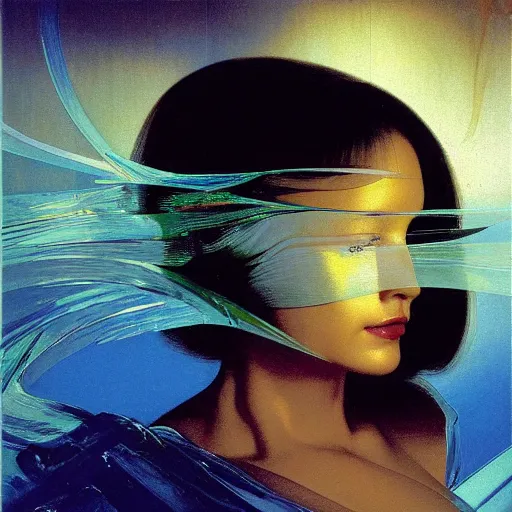 Image similar to a chrome woman's face in flowing sheets of cobalt blue gold chrome silver satin mirror foil, by moebius syd mead roger dean wojciech siudmak donato giancola yoshitaka amano michael cheval ivan aivazovsky jan de heem pieter claesz paul delaroche alma tadema aelbert cuyp, hyperrealistic volumetric light render