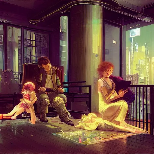 Image similar to (Night City Cyberpunk 2077) Frenetic domesticity, with a parent and child in the center, surrounded by futuristic items of convenience. The colors are muted-neon and calming, serine complacency. By Ellen Jewett, by Lawrence Alma-Tadema, realistic