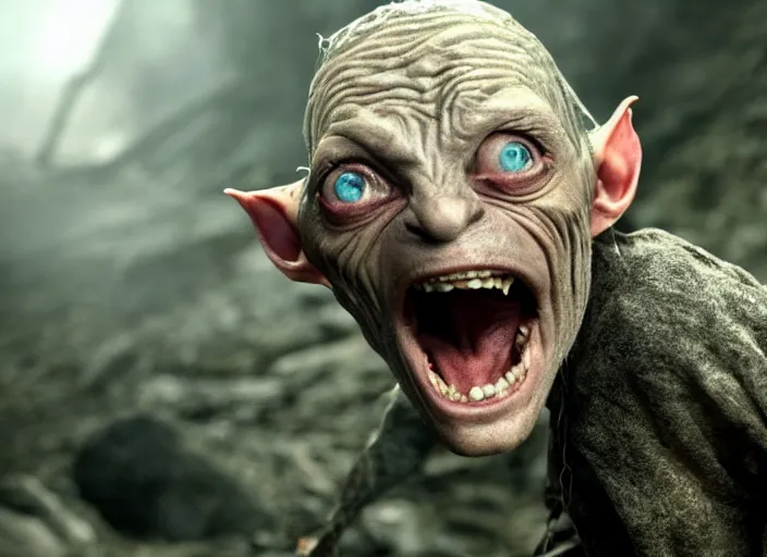 Image similar to ice poseidon playing as Gollum in The Hobbit (2012) , 35mm photography, highly detailed, cinematic lighting, dystopian, grunge 4k