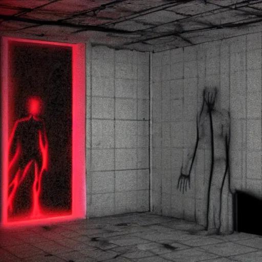 Image similar to cctv of an extremely dark empty abandoned building with glowing humanoid cryptid made out of television static, dark deep black shadows, red and black color contrast in the style of trevor henderson and james ensor goya, liminal space, 3 d octane render, glitch effect