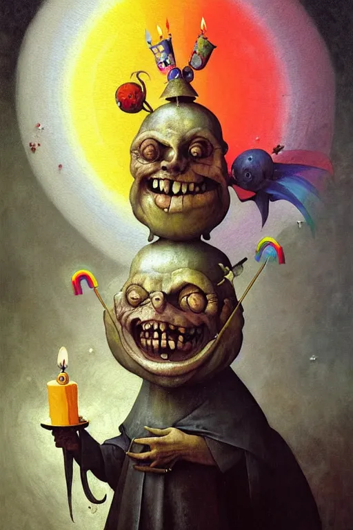 Image similar to hieronymus bosch, greg rutkowski, anna podedworna, painting of a happy rainbow jester with a birthday cake, smiling, uplifting