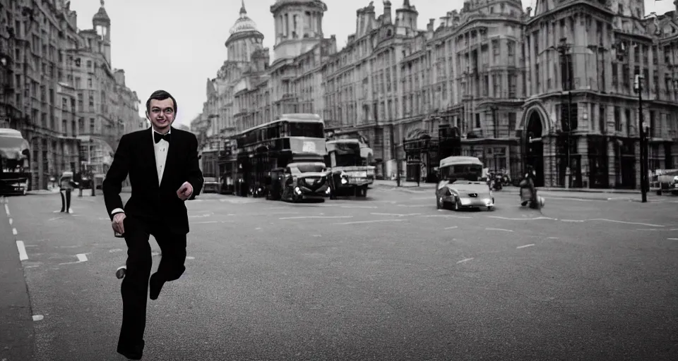 Image similar to mr bean as james bond running down the street in london, 4 0 mm f / 2. 8, cinematic, cool, anamorphic, dramatic