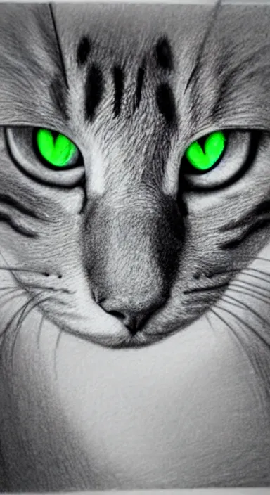 Image similar to highly detailed full body realistic pencil sketch of a beautiful cat with big green eyes in front of the universe