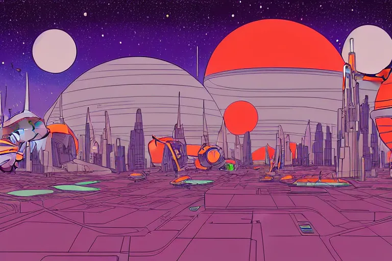 Image similar to a scifi illustration, Galactic City on Coruscant. flat colors, limited palette in FANTASTIC PLANET La planète sauvage animation by René Laloux