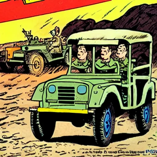 Image similar to tintin driving an army jeep. comic book