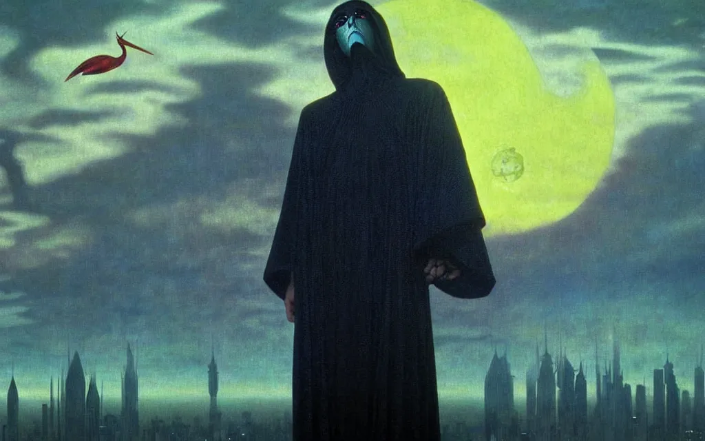 Prompt: realistic detailed portrait movie shot of a birdman wearing dark robes, futuristic city sunset landscape background by denis villeneuve, amano, yves tanguy, alphonse mucha, ernst haeckel, max ernst, roger dean, rich moody colours