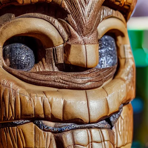 Image similar to a closeup photorealistic photograph of ben grimm's face on a tiki mug at trader vic's beach bar. fantastic four. tiki culture. bright scene. fine detail. this 4 k hd image is trending on artstation, featured on behance, well - rendered, extra crisp, features intricate detail, epic composition and the style of unreal engine.