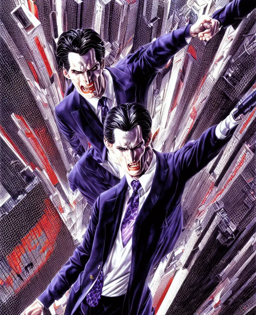 Image similar to realistic detailed image of ultra mega city american psycho christian bale 9 0 s movie poster symmetrical depth perception masterpiece depth of field action horror gothic vivid colors art by yoshitaka amano by yukito kishiro by yoshiyuki sadamoto by hajime sorayama